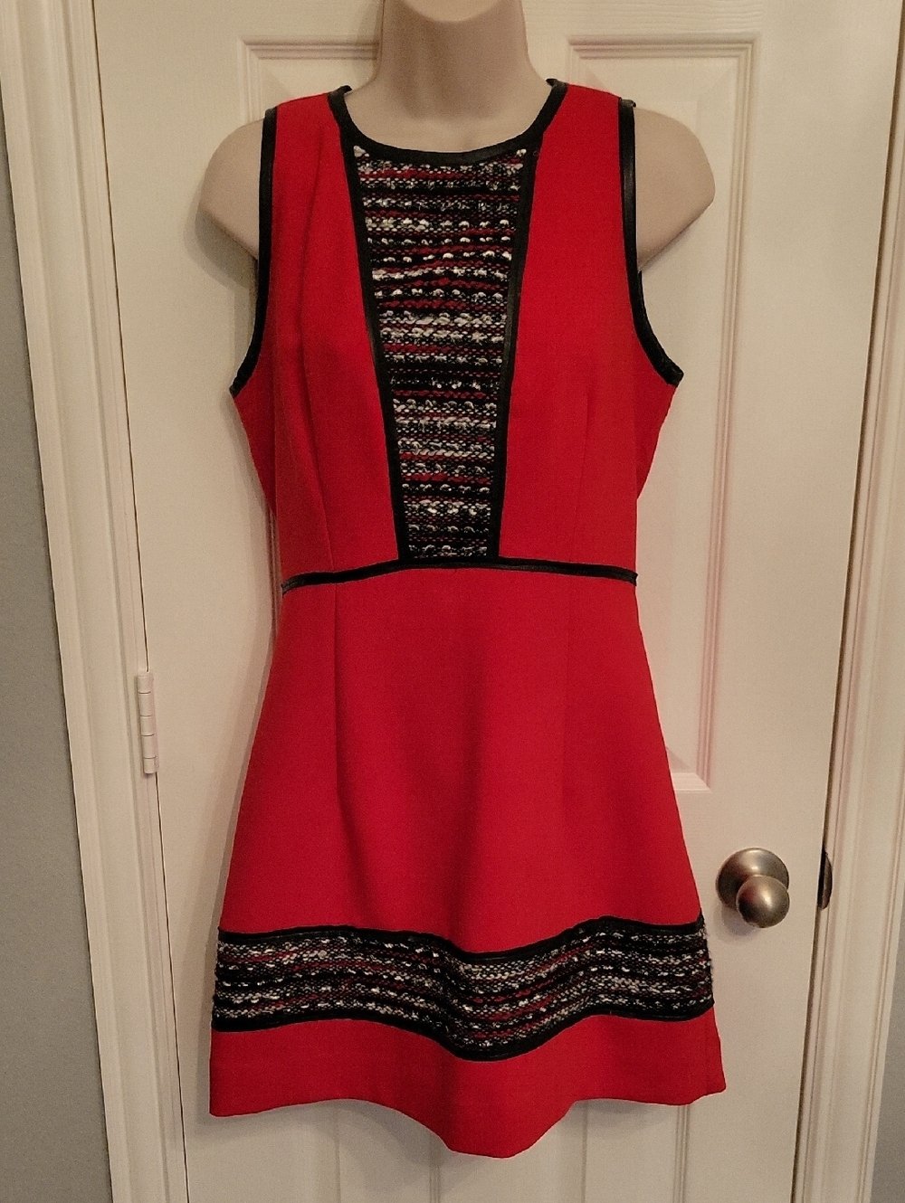 Milly Red Sleeveless Mini Dress with Black Trim and Textured Insets